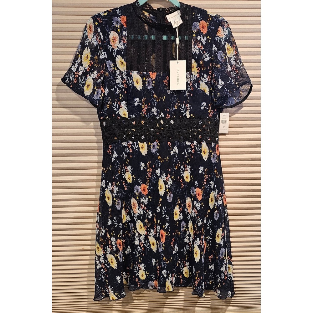 Foxiedox Andora Anthropologie Floral Lace Bib Mini Dress Navy Womens Large NWT